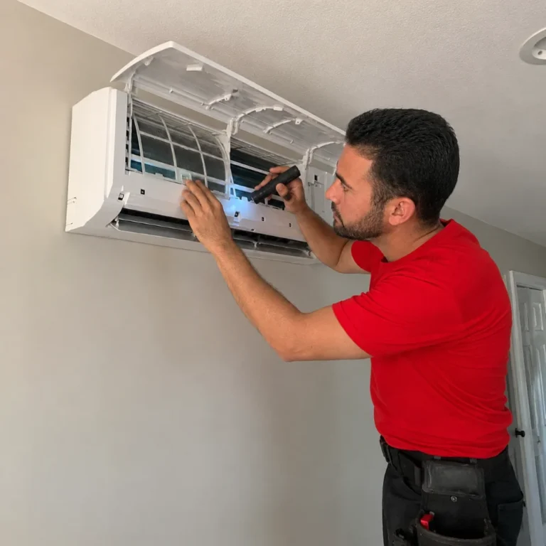 AC inspection Dubai technician checking indoor air conditioner unit