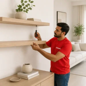 Custom Shelves Dubai by JustCare technician installing wooden wall shelves in a modern home