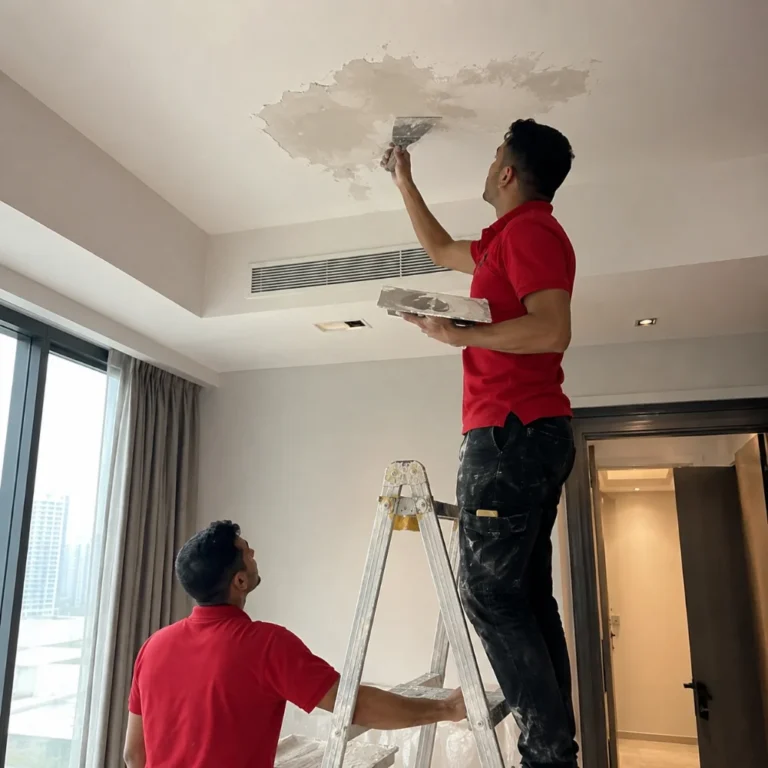 Ceiling Repair in Dubai by JustCare technician fixing damaged ceiling