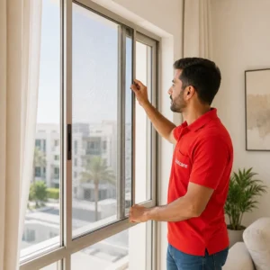Fly Screen Repair Dubai by JustCare technician checking a window fly screen in a modern apartment