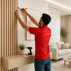 JustCare technician providing home improvement services in Dubai with wall fixture installation and handyman support.