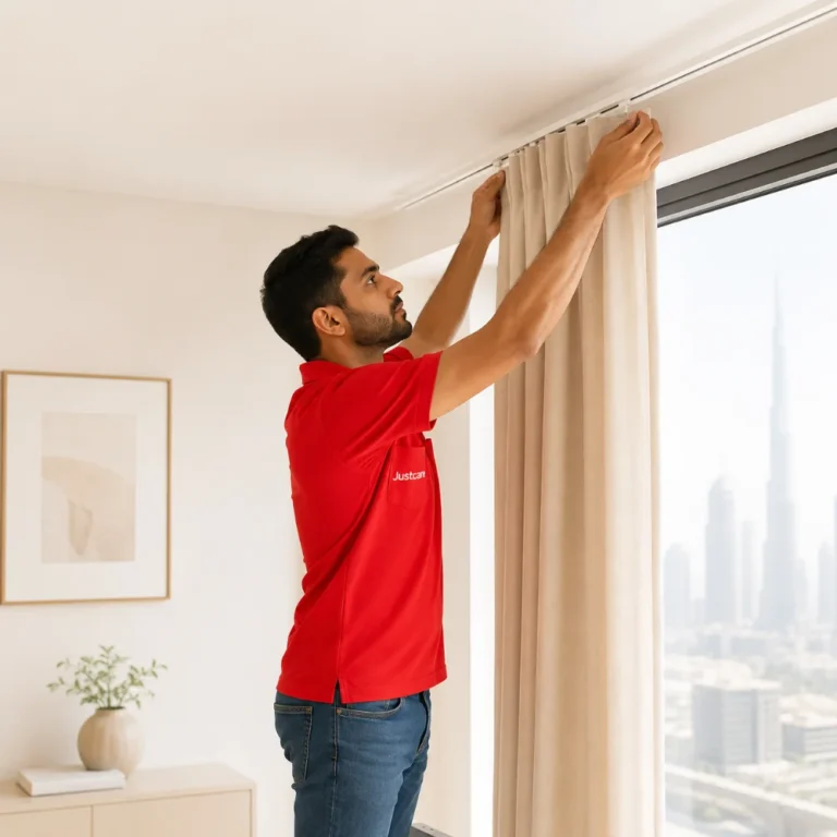 IKEA curtain installation Dubai technician fitting curtain track and curtains in a modern apartment