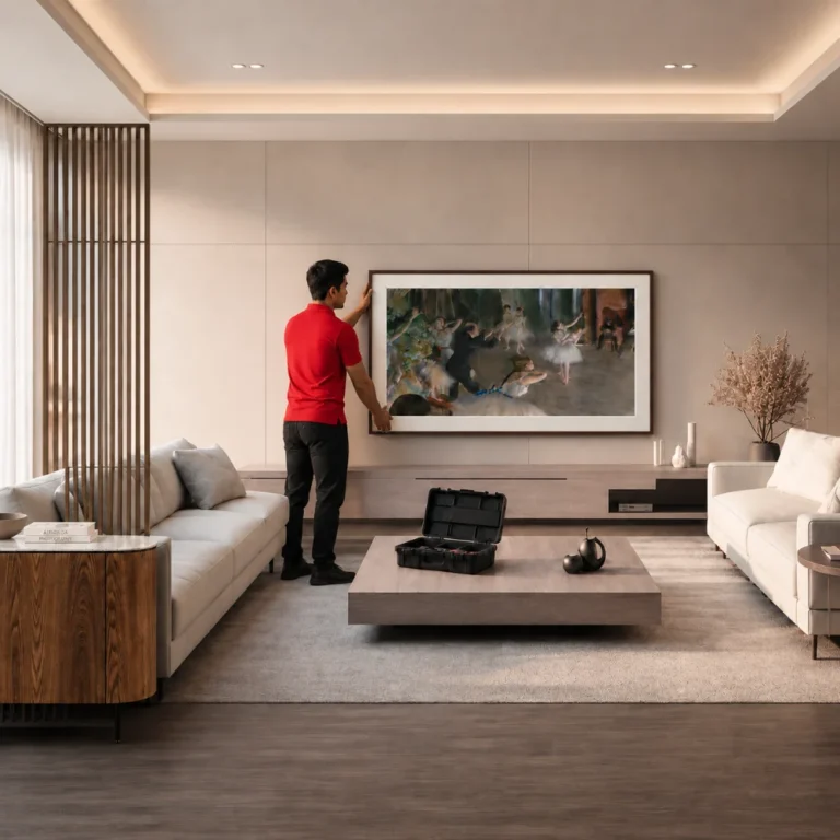 Samsung Frame TV installation Dubai technician mounting The Frame TV in a modern living room
