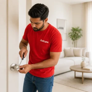 Door Knob Repair and Installation by JustCare technician fixing a door knob in a Dubai home