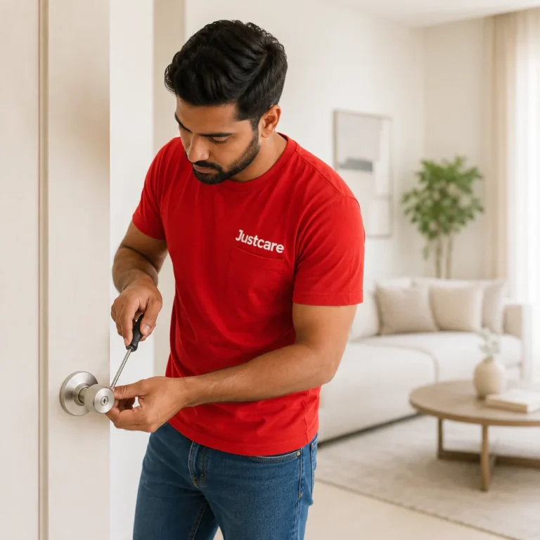 Door Knob Repair and Installation by JustCare technician fixing a door knob in a Dubai home