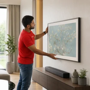 Frame TV Installation Services by JustCare technician mounting a Samsung Frame TV in a Dubai home