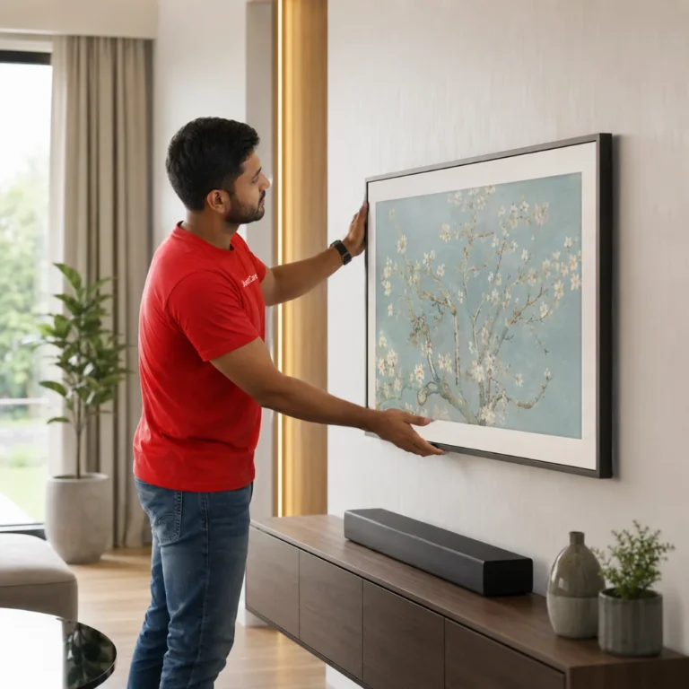 Frame TV Installation Services by JustCare technician mounting a Samsung Frame TV in a Dubai home