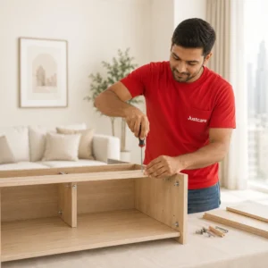 Professional JustCare technician providing furniture assembly services in Dubai for wooden furniture installation.