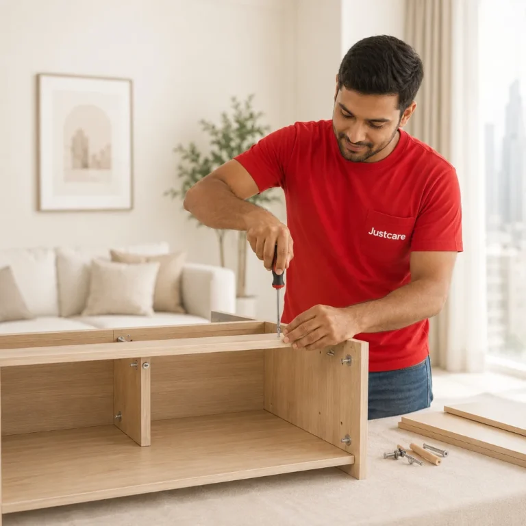 Professional JustCare technician providing furniture assembly services in Dubai for wooden furniture installation.