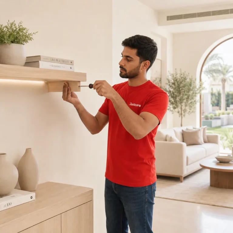 JustCare technician providing handyman services in Arabian Ranches with shelf installation and home repair support.