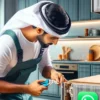 Professional technician repairing kitchen cabinet hinge in Dubai, WhatsApp contact for custom quotes