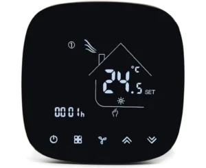 Close-up view of a smart AC thermostat with a digital display showing 24.5 degrees Celsius and control icons.
