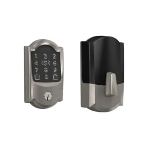 Schlage Encode™ Smart WiFi Deadbolt featuring Camelot Trim in Satin Nickel, showcasing a touchscreen keypad and modern design for keyless entry and remote access.