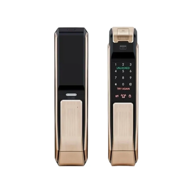 Front view of Samsung SHS-P718 Smart Fingerprint Lock with illuminated keypad