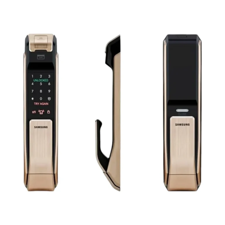 Samsung SHS-P718 Smart Fingerprint Lock with dimensions showing front, side, and back views