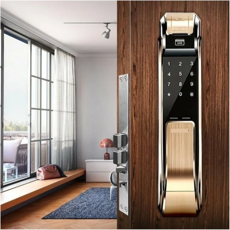 Samsung SHS-P718 Smart Lock installed on a wooden door in a modern living room