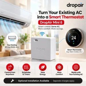 DropAir Mini 6 white smart thermostat adapter showing connection ports and compact housing