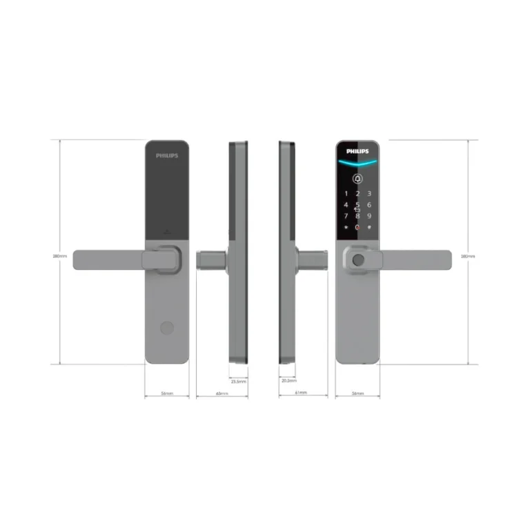 Philips DDL615-5HBS smart door lock front, back, and side views with dimensions