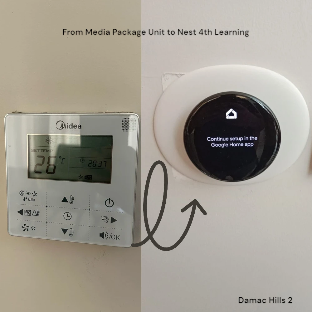 Nest thermostat with converter kit setup for Midea AC in Damac Hills 2