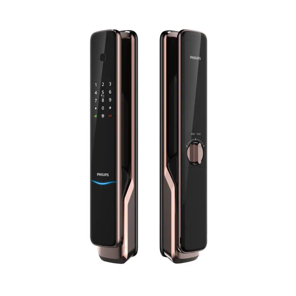 Philips 9300 Smart Lock in black and rose gold.