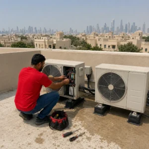 AC repair in JVT Dubai technician servicing outdoor air conditioner unit