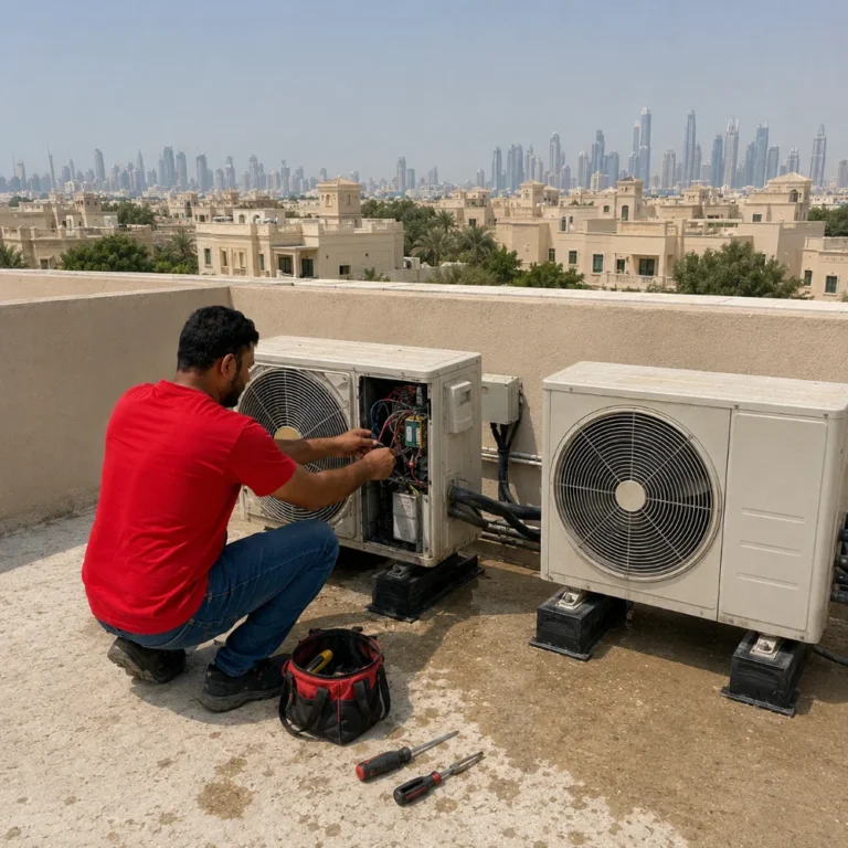 AC repair in JVT Dubai technician servicing outdoor air conditioner unit