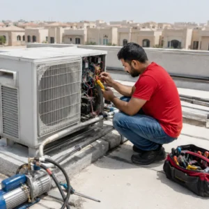 AC repair in JVC Dubai technician inspecting outdoor air conditioner unit