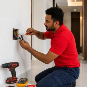 Electrician in Dubai installing a wall switch during electrical repair service for a modern home