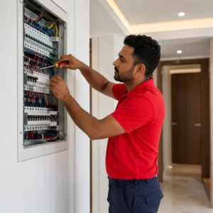 Electrician in Dubai inspecting an electrical panel during home electrical repair service