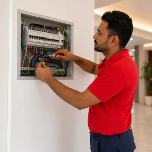 Wiring services in Dubai by JustCare electrician inspecting an electrical distribution panel