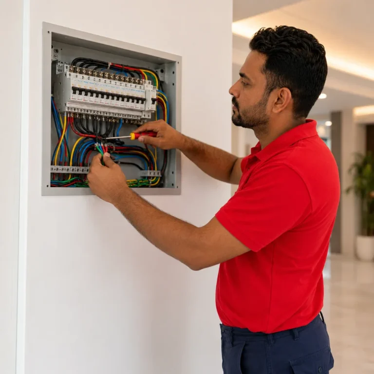 Wiring services in Dubai by JustCare electrician inspecting an electrical distribution panel
