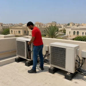 AC repair Arabian Ranches technician servicing outdoor air conditioner unit