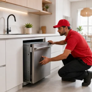 Technician installing a built-in dishwasher in a Dubai kitchen