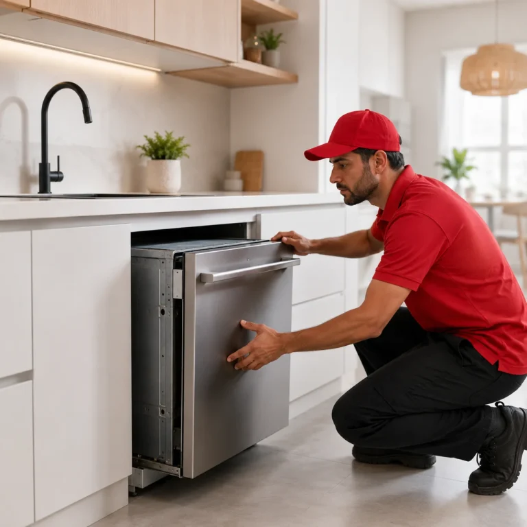 Technician installing a built-in dishwasher in a Dubai kitchen