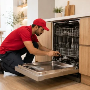 Technician repairing an open dishwasher in a Dubai home