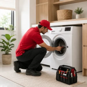 Technician inspecting a front-loading clothes dryer in Dubai