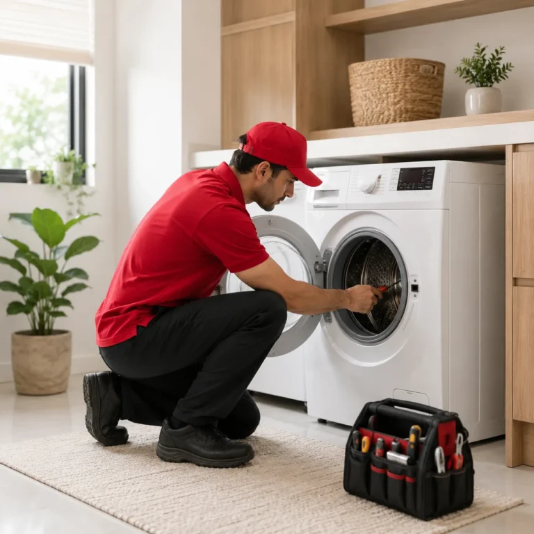 Technician inspecting a front-loading clothes dryer in Dubai