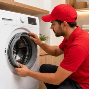 Technician inspecting a washing machine door gasket for replacement