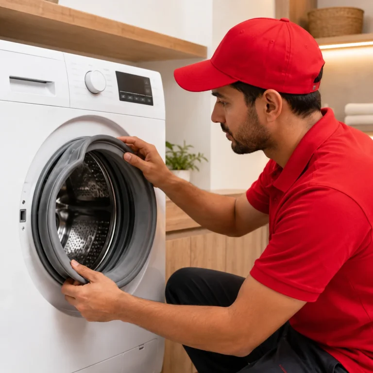 Technician inspecting a washing machine door gasket for replacement
