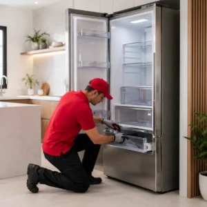 Technician repairing a refrigerator in a Dubai kitchen