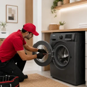 Technician repairing a Samsung front-load washing machine in Dubai