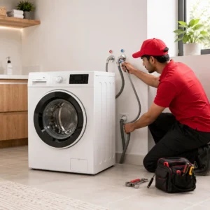 Technician connecting washing machine water and drain hoses in Dubai