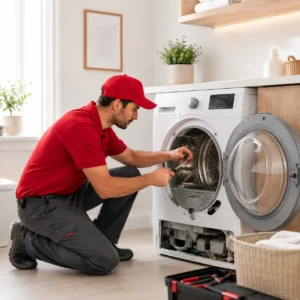 Technician repairing a Daewoo front-load washing machine in Dubai