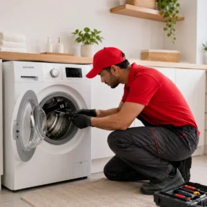 Technician repairing an LG front-load washing machine in Dubai