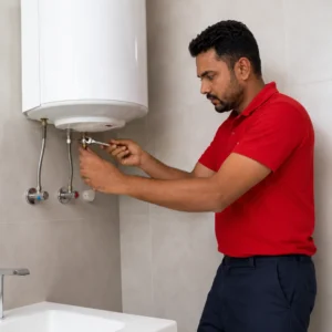 Technician installing electric water heater in Dubai bathroom