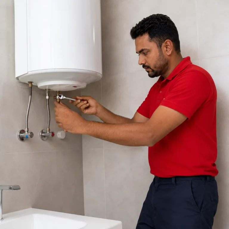 Technician installing electric water heater in Dubai bathroom