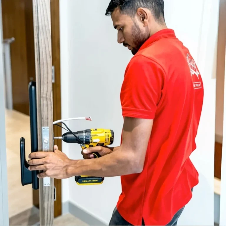 JustCare technician drilling a wooden door during smart lock installation in Dubai
