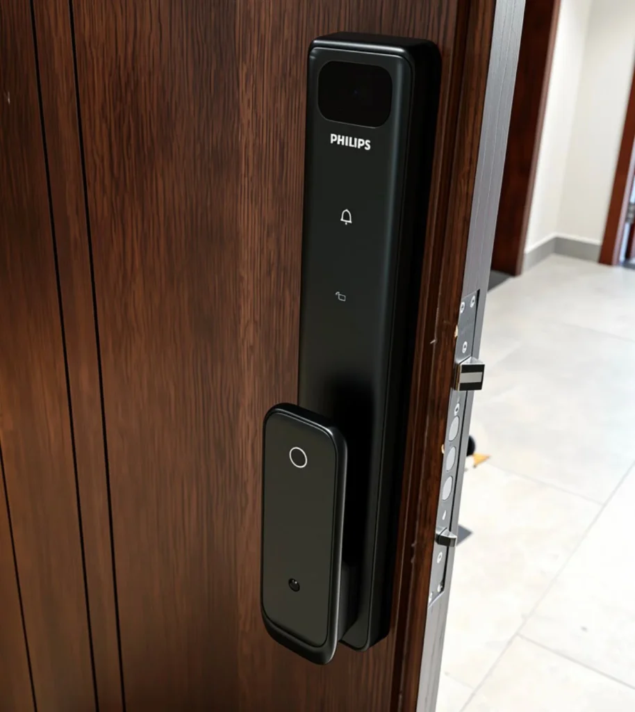 smart door lock installation on a wooden door in Dubai