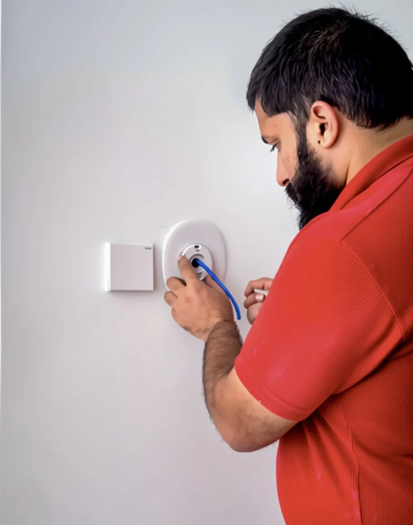 Technician installing Nest thermostat with wiring and wall mounting in Dubai
