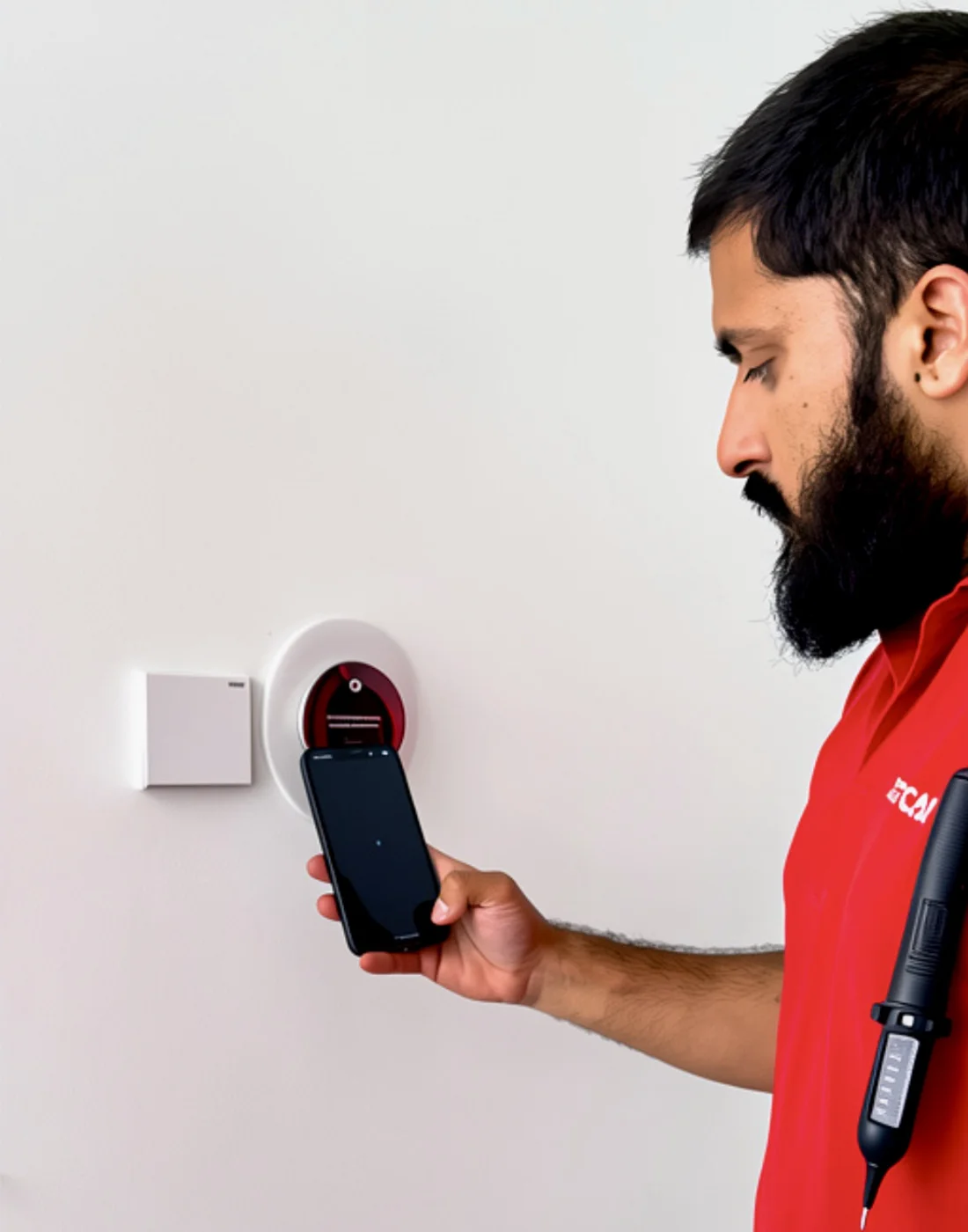 JustCare technician setting up a Nest thermostat with a phone